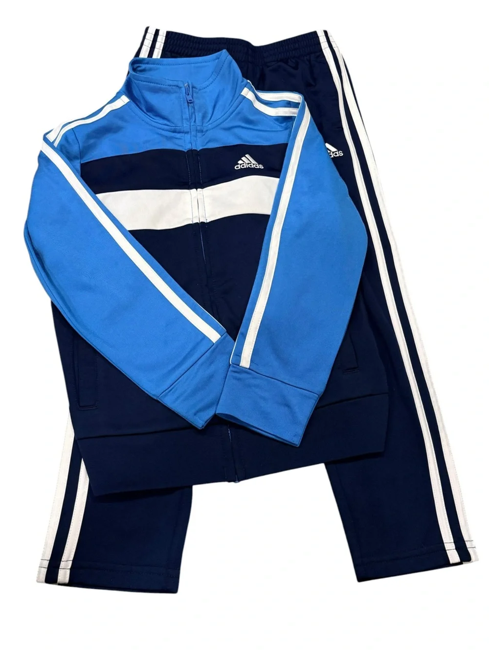 Adidas Boys Track Jacket Full Zip Pants Set Navy Blue 3 Stripe Colorblock Size 5